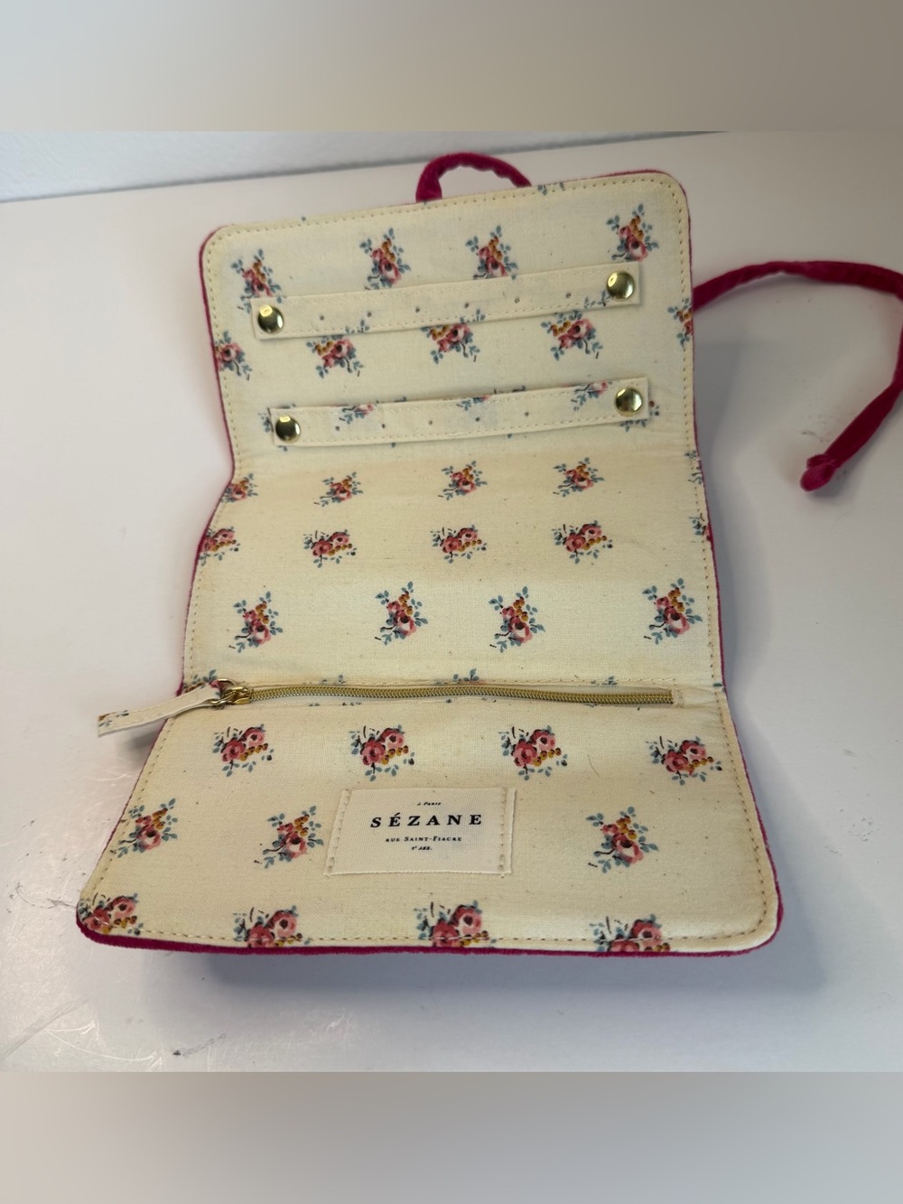Sezane Floral Hot Pink Jewelry Roll Travel Case